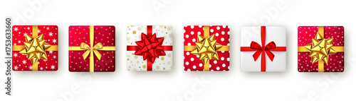 Festive Christmas gift boxes wrapped in red, white, and gold paper with ribbons and bows, perfect for holiday cards, ads, and seasonal designs.