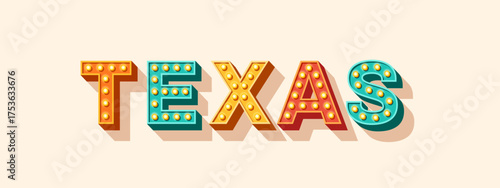 Texas typography logo poster. Vector illustration. Cowboy font concept banner. Vintage type light bulbs isolated on white background. Country Western Label Design