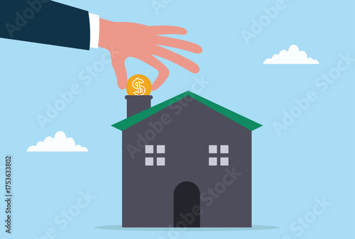 Vector illustration of a hand placing a gold coin with a dollar sign into a house chimney, symbolizing real estate investment, property savings, mortgage, home finance, and wealth growth
