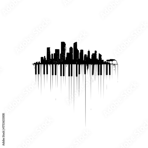 A cityscape silhouette merges with piano keys creating an artistic musical skyline composition design