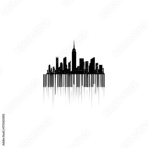 Silhouette of a cityscape skyline merged with a piano keyboard on a white background artfully combined
