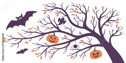 Spooky Halloween tree composition with hanging pumpkins, bats, and a ghost.