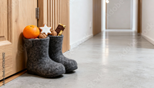 Traditional Saint Nicholas Day boots filled with gifts, including orange, nuts, chocolate, and star-shaped cookie near wooden door