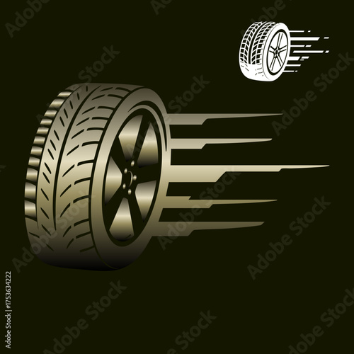 Golden tire with motion trails symbolizing speed and automotive performance design
