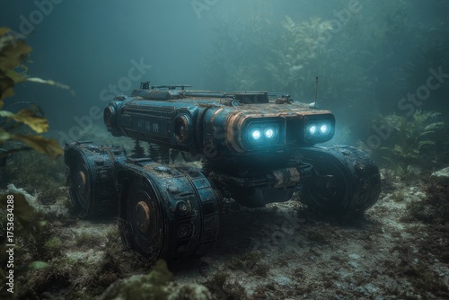 A futuristic underwater vehicle exploring the ocean floor. The vehicle has bright blue lights and a rugged design, surrounded by seaweed