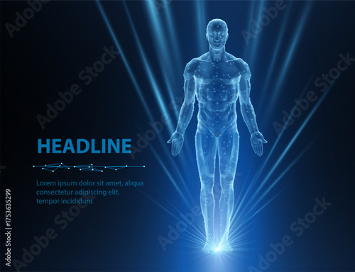 3D digital wireframe representation of a human figure with glowing blue lines, symbolizing advanced healthcare, human anatomy, and futuristic medical technologies in a dynamic, high-tech setting.