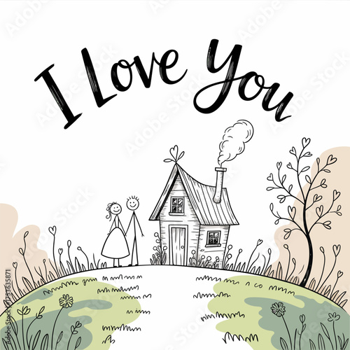 Love's Haven: A charming illustration, where I Love You is the heart of a couple's fairytale home, surrounded by a field of simple blooms.