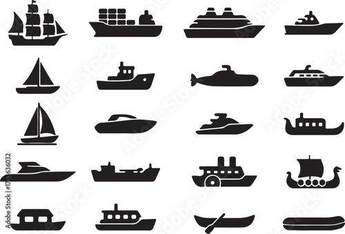 Collection of various black silhouette icons depicting different types of boats