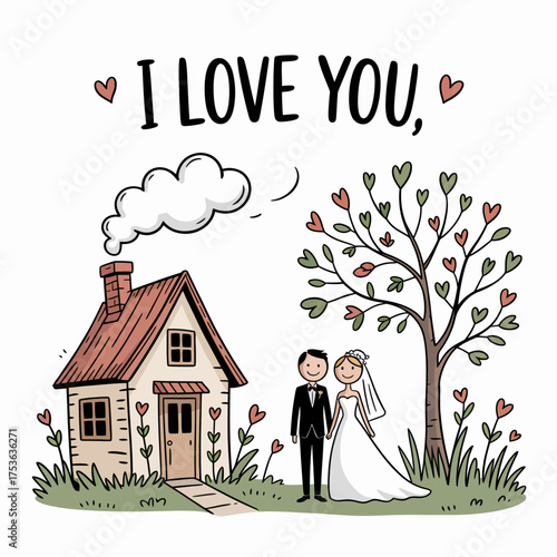 Eternal Love and Home: A charming illustrated scene of a couple on their wedding day, standing before a cozy home and a heart-filled tree, proclaiming I Love You.
