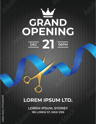 Premium Grand Opening Flyer with Blue Ribbon and Golden Scissor on Dark Background