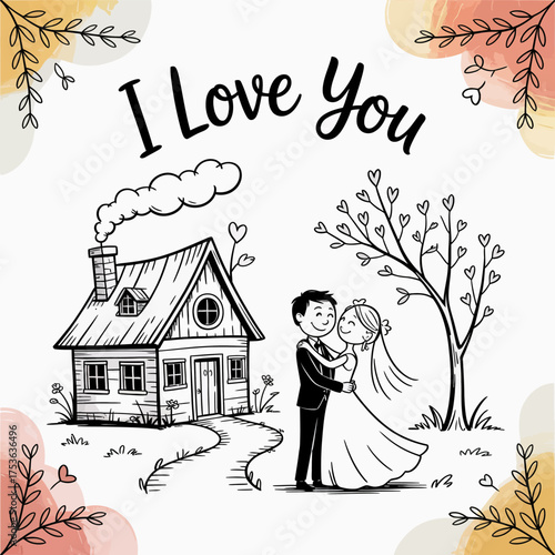 Romantic Sketch: Capturing a loving couple sharing a tender moment, standing beside a quaint cottage, as they celebrate their everlasting love and commitment in this delightful sketch.