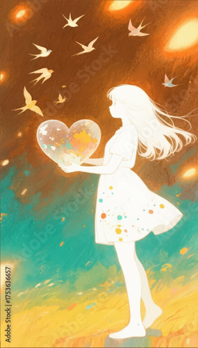 Illustration of a cartoon white silhouette of a girl holding a big heart in her hands, around which swallows fly on a bright colorful background. Vector graphics. EPS.