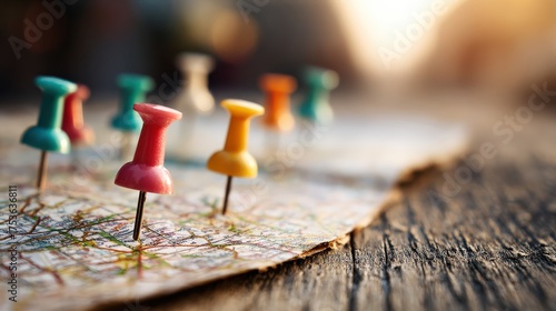 Colorful push pins on map indicating travel destinations and planning