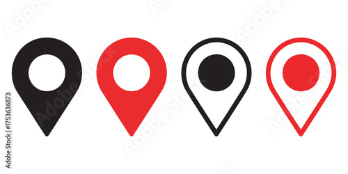 Set of four map pin icons, red and black, empty and filled