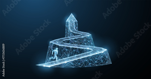 Man is running at the way that ends with an up arrow. Growth opportunity, Dream career, Goal achievement, Leadership success , Ambition rise, Financial success, Competition strategy, mountain concept
