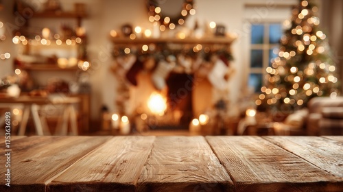 A cozy living room with a wooden table in the foreground. A decorated Christmas tree and a fireplace with stockings are visible in the background, creating a warm holiday atmosphere.