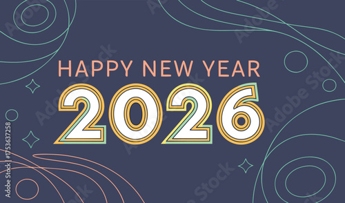 Happy New Year 2026 Vibrant Card with Swirl and Star Design - Free Printable Download Now