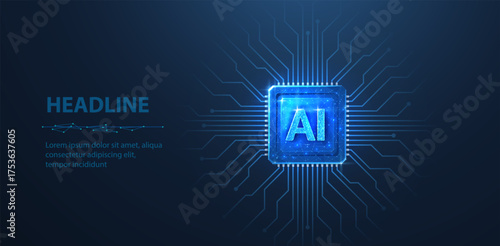 AI letters on chip. AI technology, robot core, electric line, artificial intelligence, cpu system, future tech, electronic cloud computing concept. Abstract illustration

