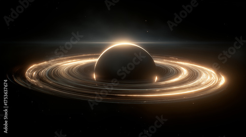 Planet Saturn illuminated with bright glowing rings in space