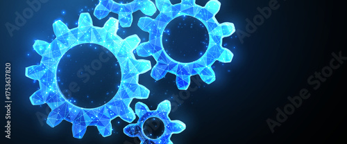 Four gears on blue. Cog mechanism, engine system, operation progress, gear shift, industry innovation, engineering solution, technology concept.

