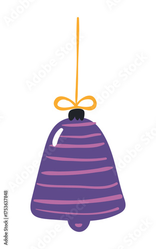 Christmas ornament, tree decoration, bauble, bell isolated on transparent. Hand drawn flat vector illustration. Traditional holiday, Xmas, New Year, seasonal design element, clip art