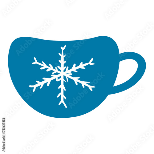 Ceramic mug with snowflake print isolated on transparent. Hand drawn flat vector illustration. Traditional holiday, Christmas, New Year, seasonal design element, clip art. Serving hot drinks