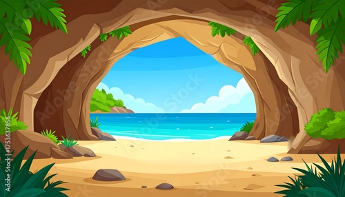 Fototapeta Naklejka Na Ścianę i Meble -  A stylized cartoon illustration shows a cave opening onto a tropical beach scene. The light blue sea meets the horizon. Lush foliage frames the view