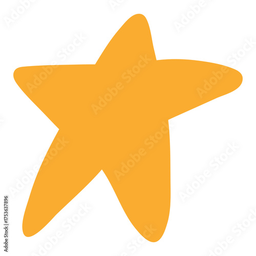 Five pointed yellow star isolated on transparent. Hand drawn flat vector illustration. Traditional Christmas, New Year, seasonal design element, holiday clip art. Starry sky, space, cosmos, galaxy