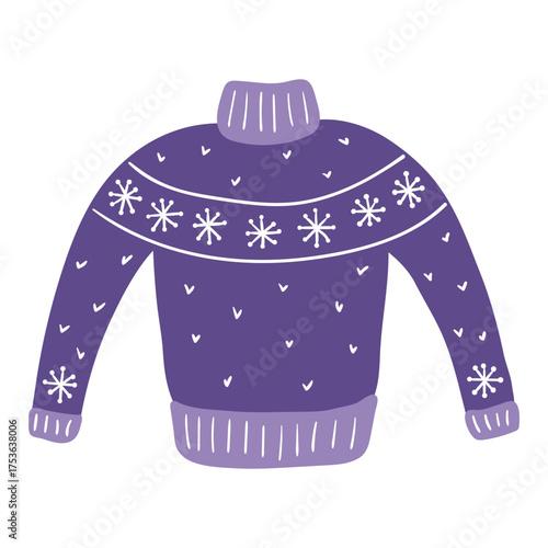 Warm knitted sweater, ugly sweater isolated on transparent. Hand drawn flat vector illustration. Traditional holiday, Xmas, New Year, seasonal design element, winter clothes clip art