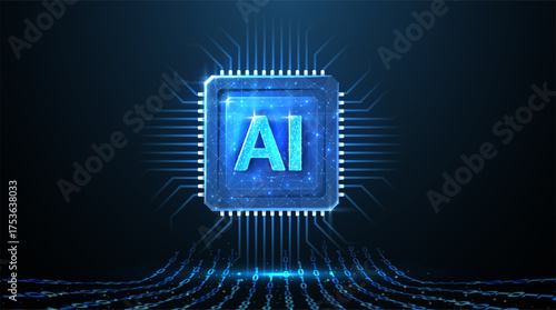 AI letters on chip. AI technology, robot core, electric line, artificial intelligence, cpu system, future tech, electronic cloud computing concept. Abstract vector illustration

