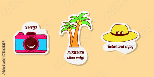 Cartoon style vector art shows three travel stickers. One has a camera, another shows two palm trees, and the third one is a sunhat. The stickers are colorful and fun.