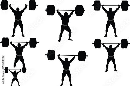 Weightlifting silhouettes, barbell clean and jerk, Olympic lift sequence, strength training, fitness exercise, athlete motion, gym workout, powerlifting action, bodybuilding pose, sport activity