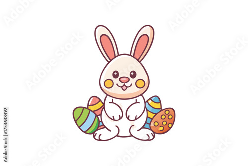 Adorable cartoon bunny happily surrounded by vividly colored easter eggs