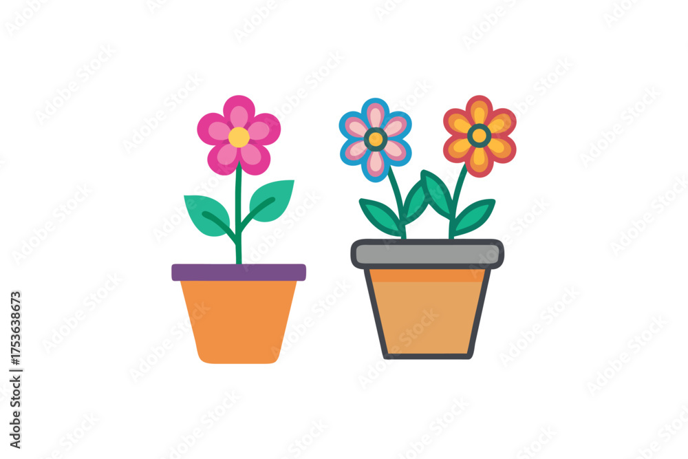 Fototapeta premium Three colorful flowers in pots simple cartoon illustration style