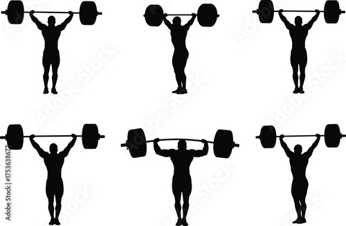Weightlifting silhouettes, barbell overhead press, strength training, fitness exercise, athlete motion, bodybuilding pose, gym workout, powerlifting action, vector illustration, sport activity