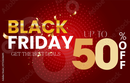 Dynamic Black Friday sale promotional banner with a bold central title on a vibrant red background. Features overlapping festive shapes creating a celebratory and energetic atmosphere