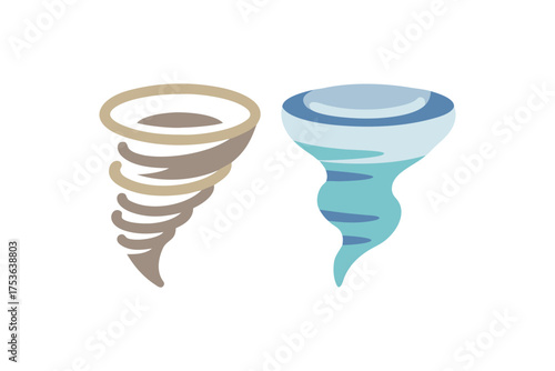 Two stylized tornado icons one beige and one blue side by side