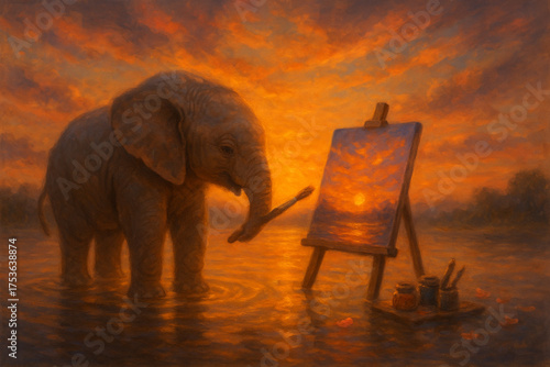 Elephant Painting a Vibrant Sunset on Canvas in Dreamy Water Landscape