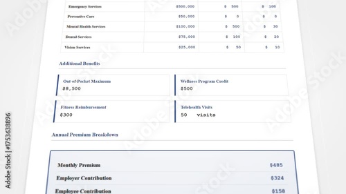 Healthcare benefits summary document with insurance coverage limits and annual premium breakdown animation
