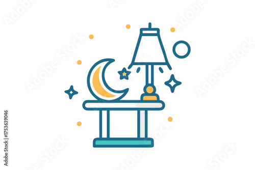 A bedside table with a lamp moon and stars illustration