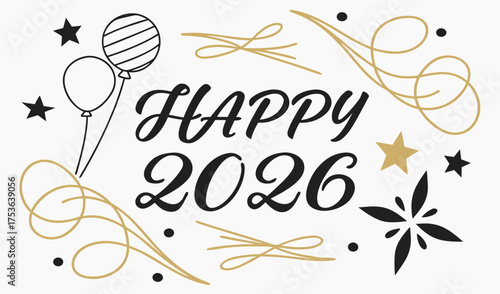Celebrate the Festive Happy New Year 2026 with Balloons, Swirls, and Joyful Decorations!