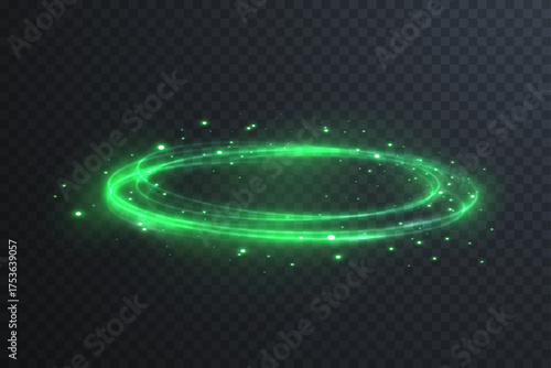 Luminous green light circle with radiant particles and vortex swirl. Abstract neon effect for sci-fi, cosmic, or digital interface design projects.