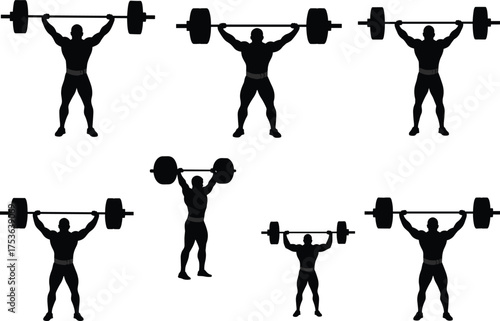 Weightlifting silhouettes, barbell overhead press, strength training, fitness exercise, athlete motion, bodybuilding pose, gym workout, powerlifting action, vector illustration, sport activity