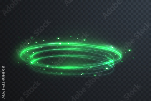 Glowing green halo ring with neon gradient and particle sparkle. Abstract futuristic symbol representing orbit, light, and dynamic motion energy.