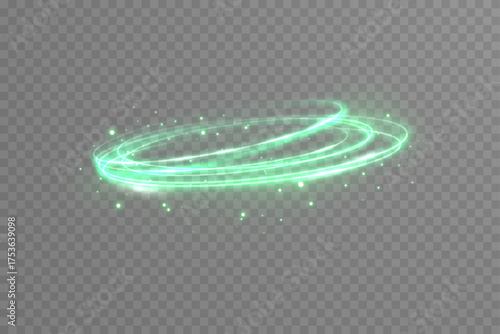 Glowing green halo ring with neon gradient and particle sparkle. Abstract futuristic symbol representing orbit, light, and dynamic motion energy.
