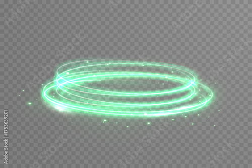 Glowing green halo ring with neon gradient and particle sparkle. Abstract futuristic symbol representing orbit, light, and dynamic motion energy.