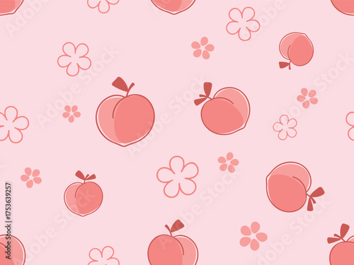 Pastel peach seamless pattern on soft pink, hand-drawn whole fruits with stems and shiny highlights, scattered doodle flowers and gentle dots, cute vector repeat for fabric, wrapping, and decor
