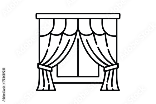 Simple black and white line drawing of a window with draped curtains