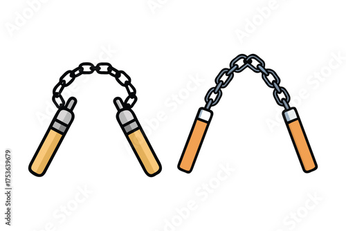 Cartoon illustration of a pair of nunchaku weapons with wooden handles