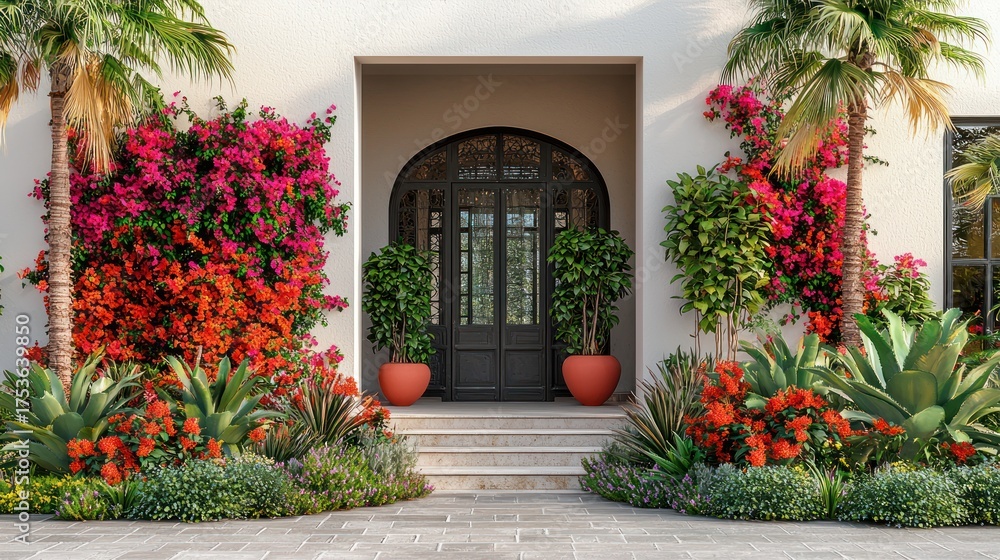 Fototapeta premium Mediterranean home entrance, vibrant flowers, sunny day, landscaping design, real estate